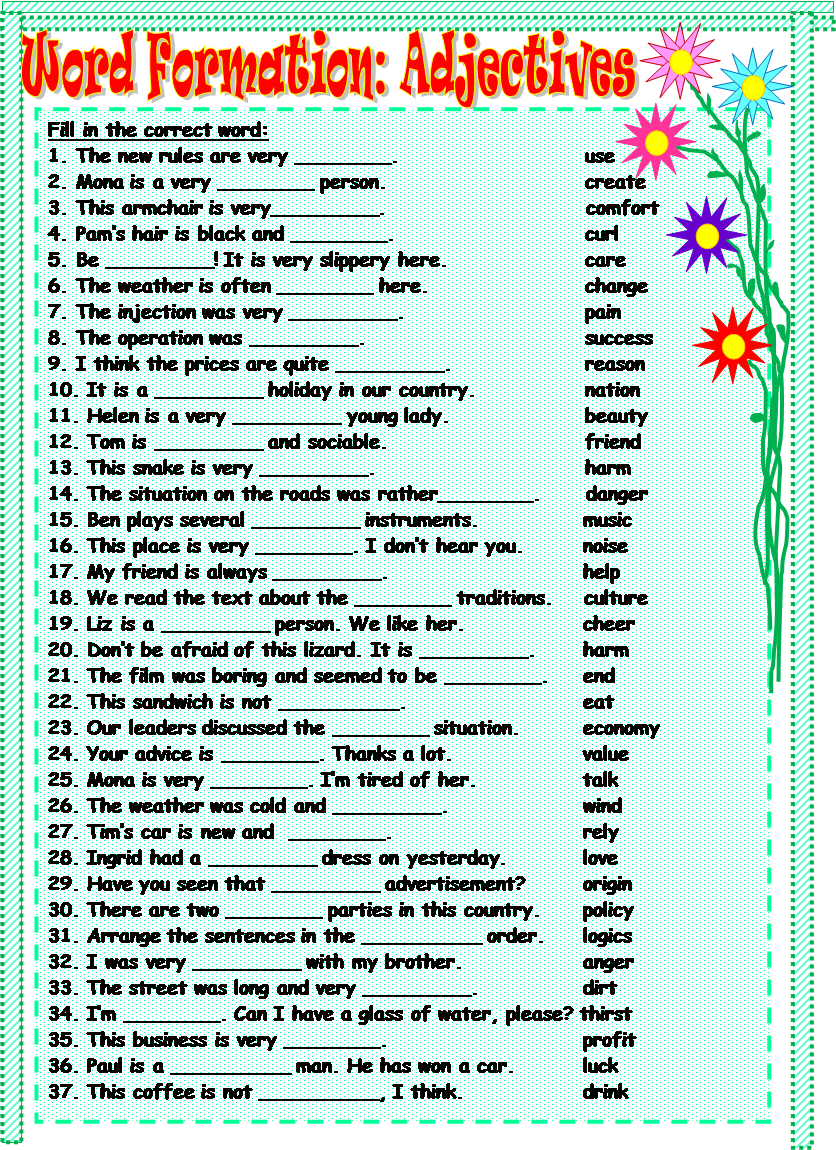 Fill in whatever. Word formation английском языке Worksheet. Словообразование в английском Worksheets. Word formation adjectives в английском. Word formation adjectives exercises.