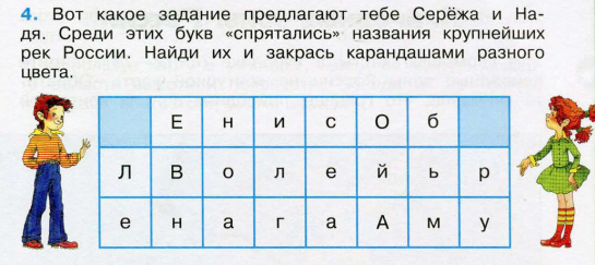 Упражнение 4 буквы. Здесь спрятались названия. Среди этих букв спрятались названия крупнейших рек России. Здесь спрятались названия столиц. Вот какое задание предлагают тебе Сережа и Надя.